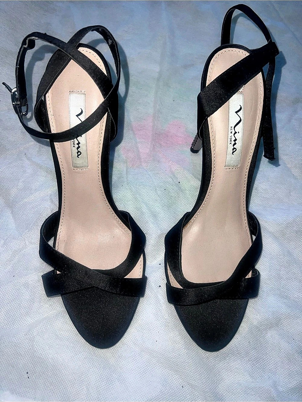 Nina Black Embellished Ankle Strap Heels US 9M